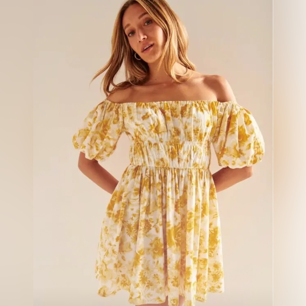 Abercrombie Floral Min Dress off-The-Shoulder Puff Sleeve Yellow Small Tall